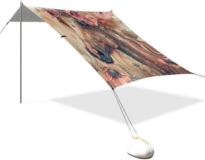 ALAZA Fashion Boho Chick Style Horse with Flowers Beach Tent Sun Shelter Portable Canopy Sunshade for Outdoor Camping Picnics Backyard Fun 10x9 ft