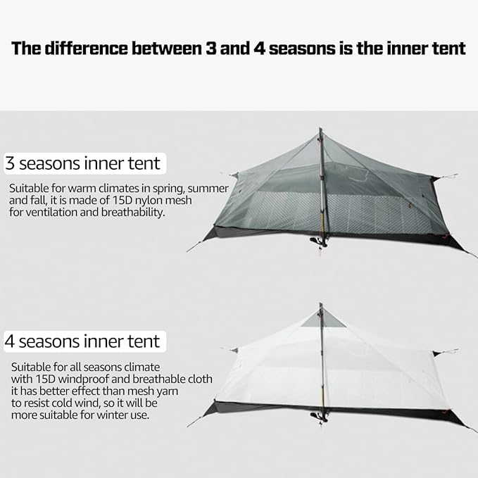 3F UL Gear Lanshan1 Ultralight Tent 3/4 Season Portable Backpacking Tent for 1-Person 15D Silicon Coated Waterproof Poleless Double Layer Tent for Camping Climbing Hiking