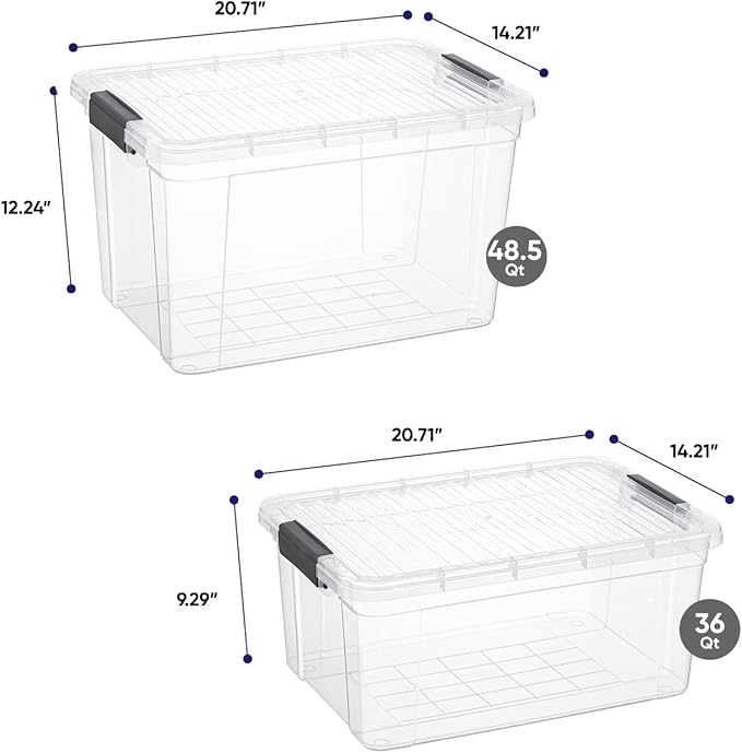 Superio Clear Storage Boxes with Lid 2 Pack Plastic Container Bins for Organizing Stackable Crates BPA Free Non Toxic Odor Free Organizers for Home Office School and Dorm (36 and 49 Qt)