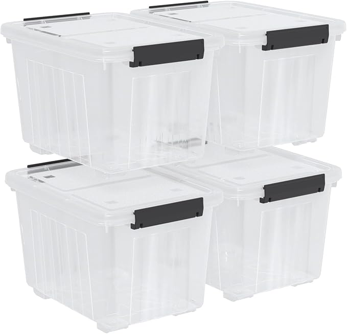 30 Quart Clear Storage Bins with Wheels and Latching Lid Stackable Plastic Totes with Snap Latches Nesting Containers 4 Packs