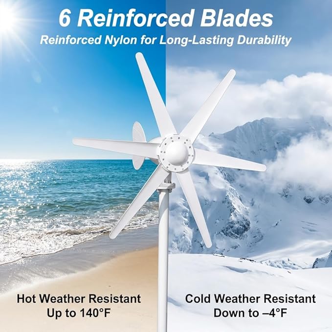 800W Horizontal Wind Turbine Generator 12V 24V Output 6 Blade Nylon 3 Phase AC Generator Built In Controller for Home Yard Farm RV Off Grid Use 1.0m/s Low Wind Start Power White