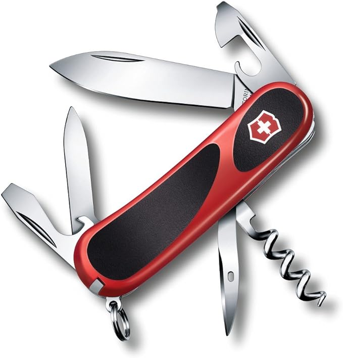 Victorinox Evolution 10 Grip Swiss Army Knife 13 Function Ergonomic Swiss Made Pocket Knife with Large Blade Reamer and Nail File - Red/Black