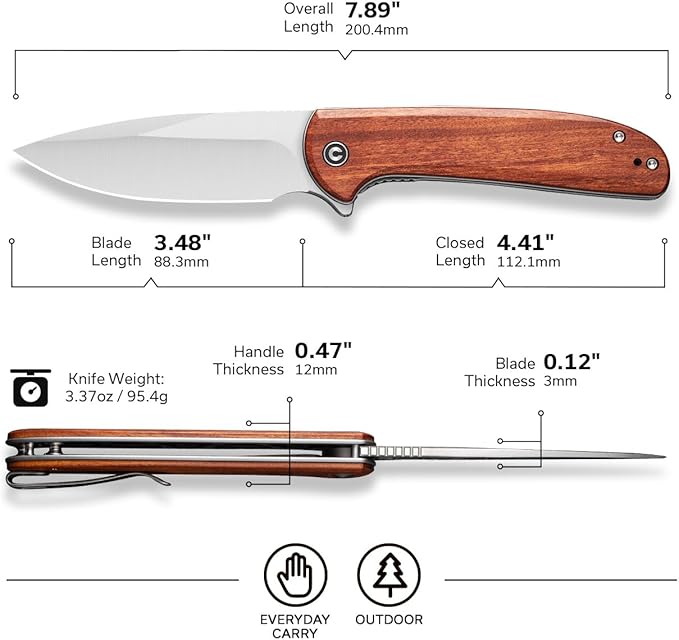 CIVIVI Primitrox Folding Knife for EDC Flipper Pocket Knife with 3.48 Nitro-V Blade Wood Handle for Everyday Carry C23005A-3