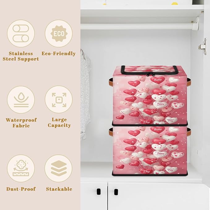 Valentine¡¯s Day Storage Bins with Zipper Lid Love Heart Balloons Fabric Lidded Storage Baskets Cubes with Handles Decorative Foldable Shelf Closet Organizer Container