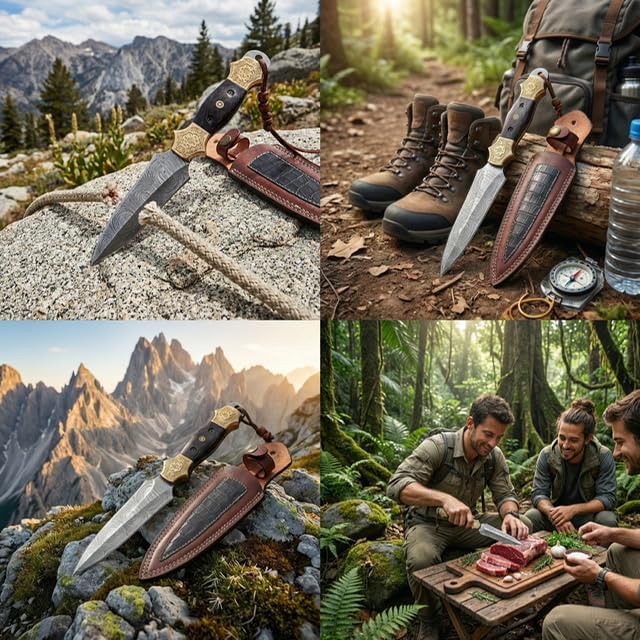 Dessi Damascus Steel Fixed Blade Knife Handmade Hunting Camping Hiking Hand Engraved Copper Bolsters Wenge Wood Handle Leather Sheath SM11