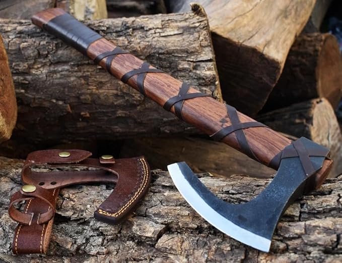 Ragnar Viking Axe - Hand Forged Carbon Steel Hatchet with Leather Sheath | Norse Bearded Axe for Camping Throwing Hunting Outdoor Survival | Gift for Men
