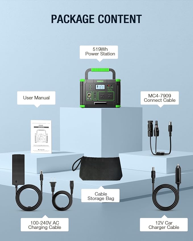 500W Portable Power Station 512Wh Solar Generator with 60W USB-C PD Output Built-in BMS 110V Pure Sine Wave AC Outlet Backup Lithium Battery for Outdoors Camping Travel Emergency (Peak 1000W)