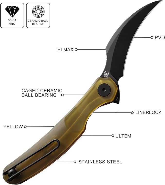 Mantis Flipper Pikal Knife2.52 ELMAX Blade Folding Knife PVD ProcessingYellow Ultem Handle 4.2 EDC Pocket Knife (Yellow-Black PVD)