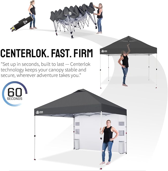 CROWN SHADES Canopy Tent 10x10 Pop Up Canopy Outdoor Shade with Pockets Sidewall Easy Up Sun Shelter with One Person Set Up Center Lock Portable Instant Camping Beach Canopies Tents Grid Grey