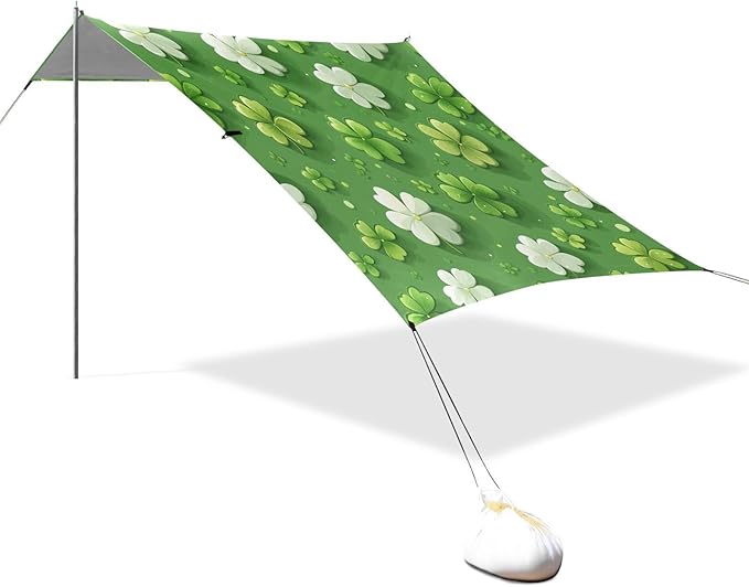St Patrick's Day Clovers White Green Beach Tent Sun Shelter Set UPF50+ UV Protection 10.5 x 9.19 FT Camping Shade Canopy with Sandbags Sand Anchors Carrying Bag and Others