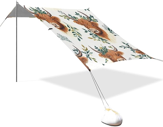 ALAZA Highland Cattle Leaves Pattern Beach Tent Sun Shelter Portable Canopy Sunshade for Outdoor Camping Picnics Backyard Fun 10x9 ft