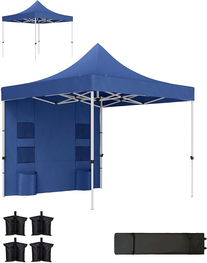 10x10ft Outdoor Shelter with UPF50+ Canopy &amp Sidewall 4 Mesh Pockets 3-Height Settings Sandbag/Stake/Guy Rope Set Dark Blue