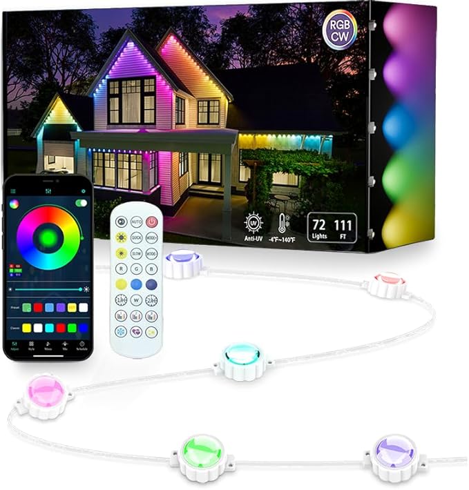 Smart Outdoor Christmas Lights 36 LED 54 Scene Modes IP68 Waterproof Compatible with Alexa &amp Google Assistant (52 Ft)
