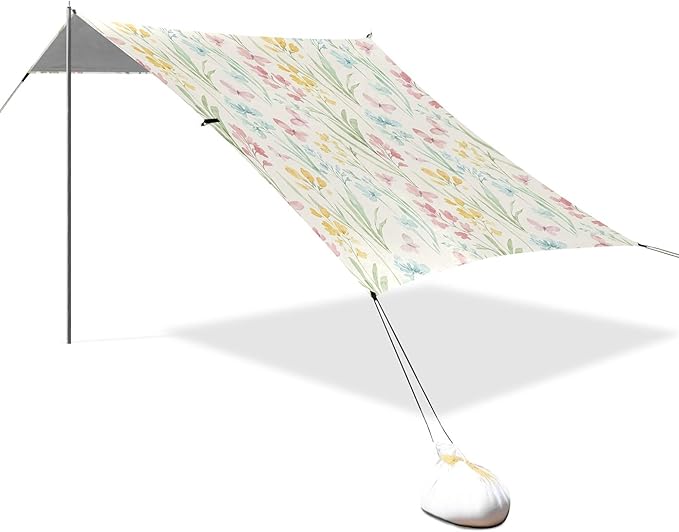 Flowers Beach Canopy Sun Shelter with Sandbags &amp Sand Shovel &amp Windproof Ropes - Portable 110x126 Beach Shade Beach Tent for Camping Picnics