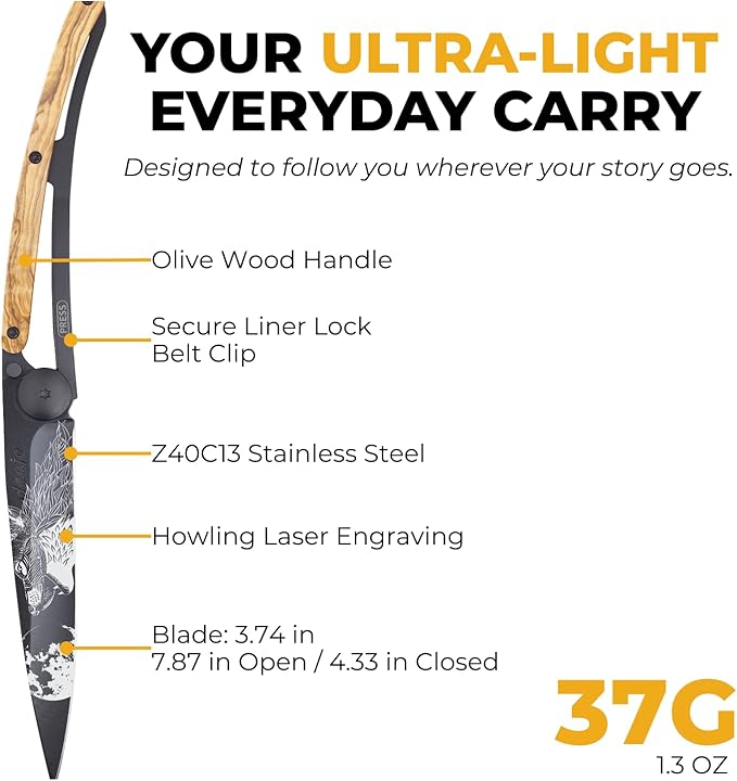 deejo - 37G Folding Pocket Knife with Belt Clip - Howling Design 3.7-Inch Stainless Steel Blade Black Titanium Finish Olive Wood Handle - Lightweight Everyday Carry for Home Work and Outdoor Use