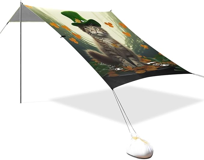 St Patrick's Day Leprechaun Cat Beach Tent Sun Shelter Set UPF50+ UV Protection 10.5 x 9.19 FT Camping Shade Canopy with Sandbags Sand Anchors Carrying Bag and Others