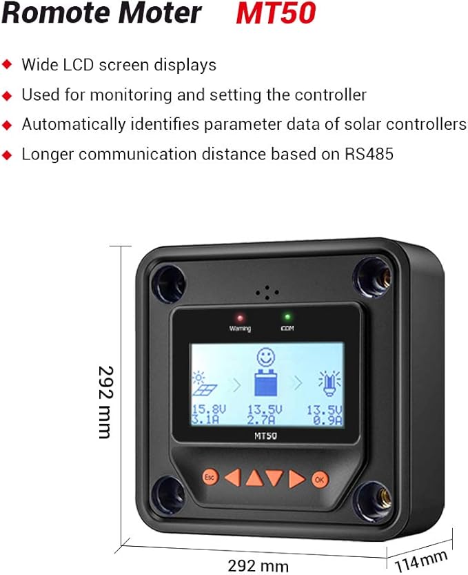 EPEVER 60A MPPT Solar Charge Controller 12V/24V/36V/48V Auto Max.PV 150V Input Negative Ground Solar Panel Charge Regulator with MT50 Remote Meter Temperature Sensor RTS &amp PC Communication Cable R