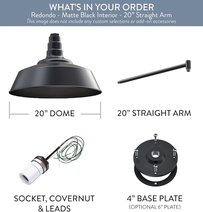 Steel Lighting Co. Large Outdoor Barn Light |Garage Light Fixture | Made in America from 18-Gauge Steel | 20 Dome | 20 Straight Arm Matte Black Exterior/Matte Black Interior