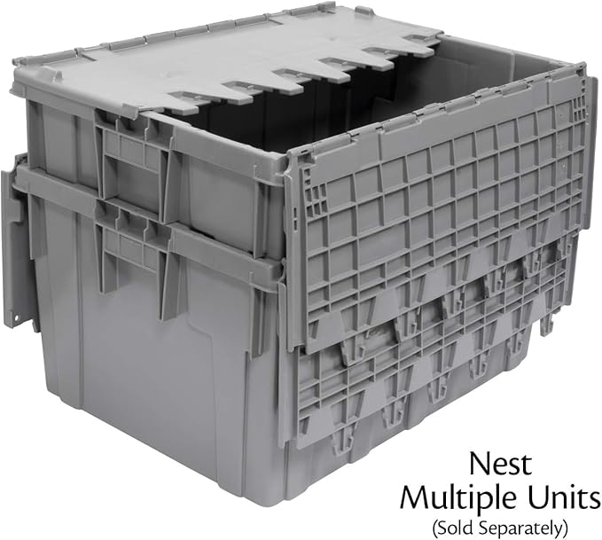 Buckhorn Industrial Lidded Plastic Storage Container Nesting and Stackable Plastic Storage Box with Lid Attached Organization Tote for Transport and Warehouse 27 Gallon Capacity 28x21x15 Gray