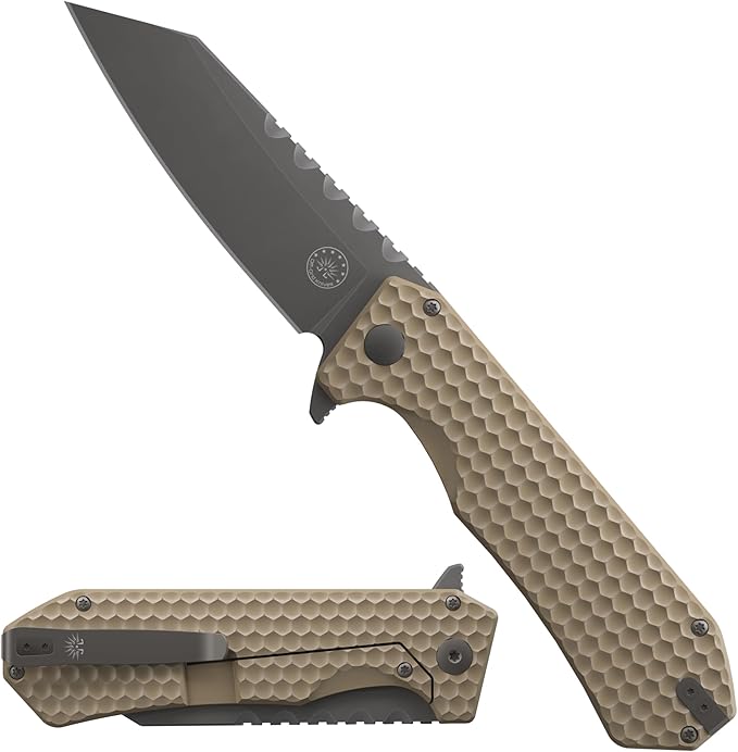 Off-Grid Knives - MAMBA V3 Large EDC Knife with MagnaCut Blade Steel Titanium Scales and Hardware Manual Ball Bearing Flipper Four Finger Grip Deep Pocket Carry (Coyote Gold)