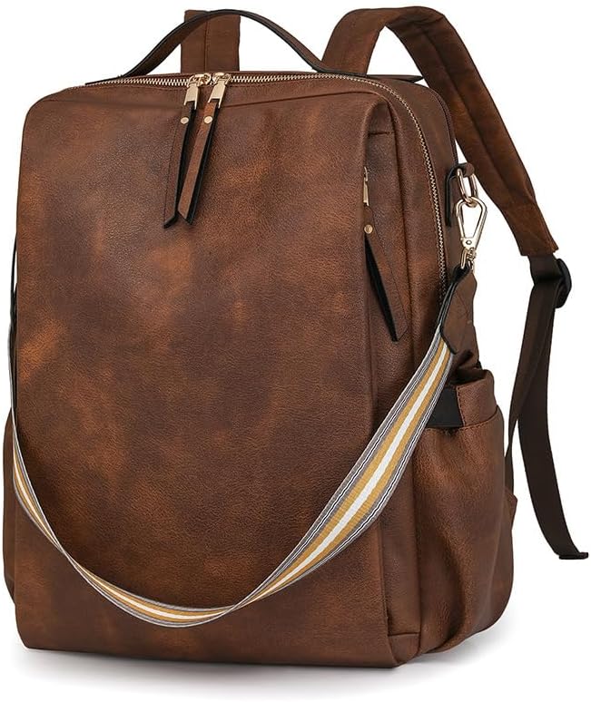 Women’s PU Leather Laptop Backpack Business Travel Shoulder Bag with Laptop Compartment – Multi-Functional Work Bag (Two-Tone Brown)