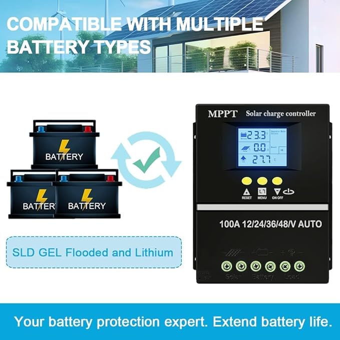 100A MPPT Solar Controller 12V 24V 36V 48V Auto USB Charging Ports Backlit LCD Display Battery  Solar Charged Controller for PV System Solar Panel Regulator