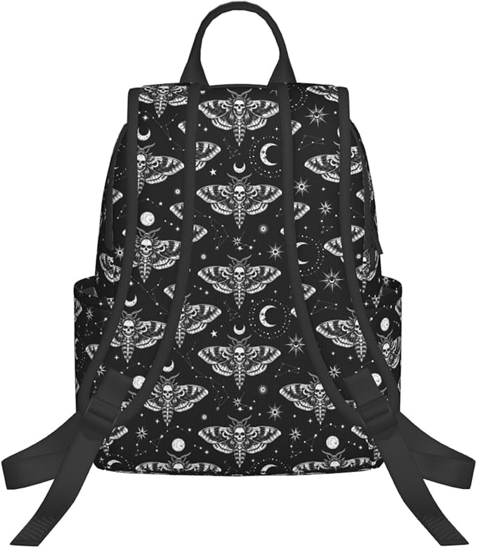 Unisex Backpack Casual Rucksack Big Capacity gothic moth skull sun moon black and white Bookbag with Padded Straps Anti Theft Rucksack for Travel Hiking Camping