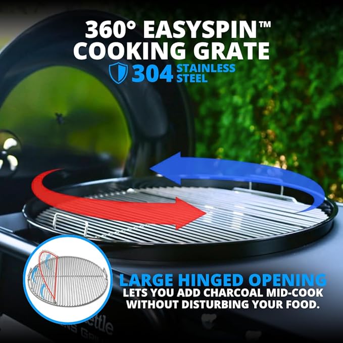 SnS Grills 22-Inch Charcoal Grill and Smoker — MasterKettle with Patented Slow ‘N Sear Deluxe Insert 304 Stainless EasySpin Grate Integrated Side Table 10-Year Warranty.