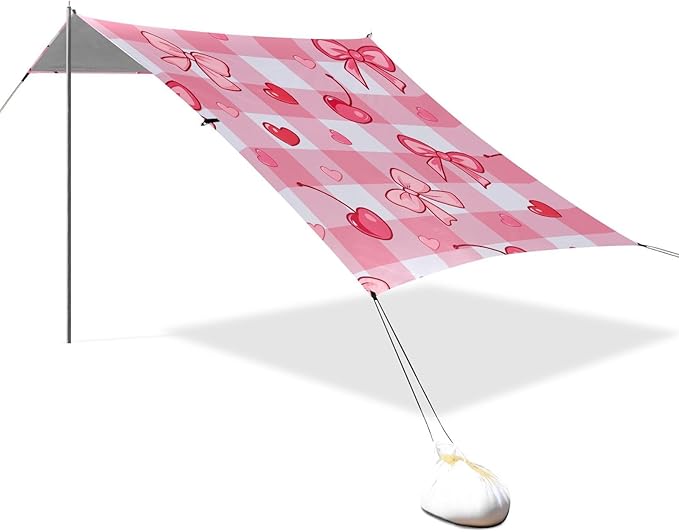 ALAZA Pink Checkered Background Cherry Bow Pattern Beach Tent Sun Shelter Portable Canopy Sunshade for Outdoor Camping Picnics Backyard Fun 10x9 ft