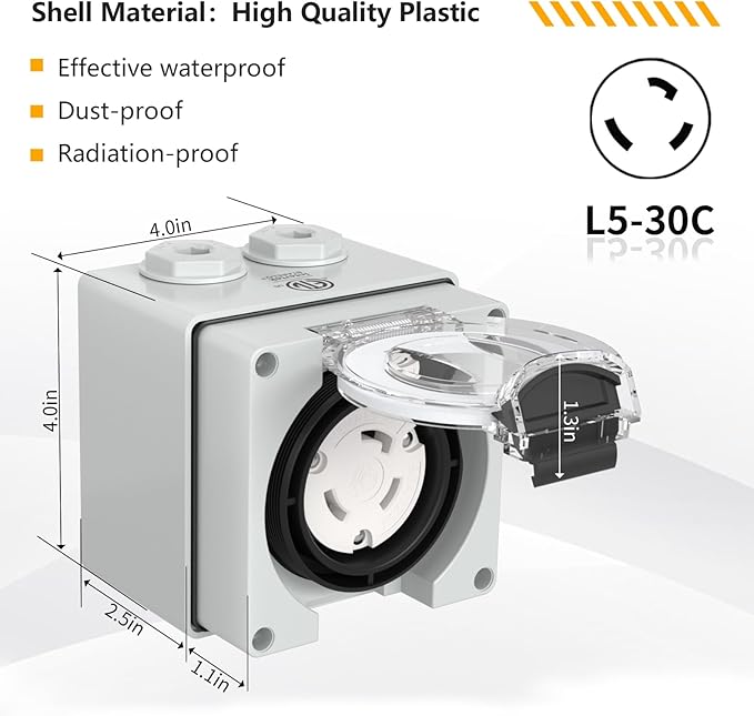 STARELO 30 Amp Locking Female Plug Box NEMA L5-30C Generator Twist Lock Adapter Female Connector125 VoltOutdoor dustproof and Weatherproof for generators Welding Machines etc.ETL Listed.