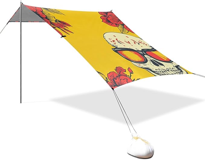 Mexican Style Cinco De Mayo Sunglasses Dia De Muertos Skull Beach Cabana UPF50+ Lightweight Large Sun Shelter with Sandbags Sand Shovel Poles for Camping Picnics Backyard
