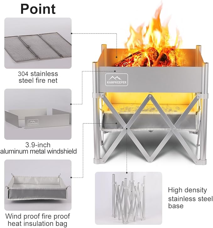 KAMPKEEPER Portable Fire Pit Outdoor Tabletop Firepit 18 Inch 304 Stainless Steel Wood Burning Fireplaces Collapsible Pop Up Fire Pit for Outside Included Heat Shield for Leave No Trace Fires