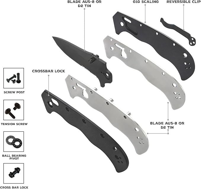 Serrated Pocket Knife 3 Sharp D2 Blade Big Pocket Knife 7.5 Total Length Textured G10 scale Crossbar Lock Reversible Clip Ball Bearing Pivot Ideal for Hunting Camping Pocket Knife EDC Ser