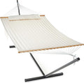 GAFETE 2 Person Hammock with Stand for Outside Heavy Duty Steel Stand Double 55inch Hammocks Large Removable Pillow Storage Bags Max 475 lbs Capacity (Beige)
