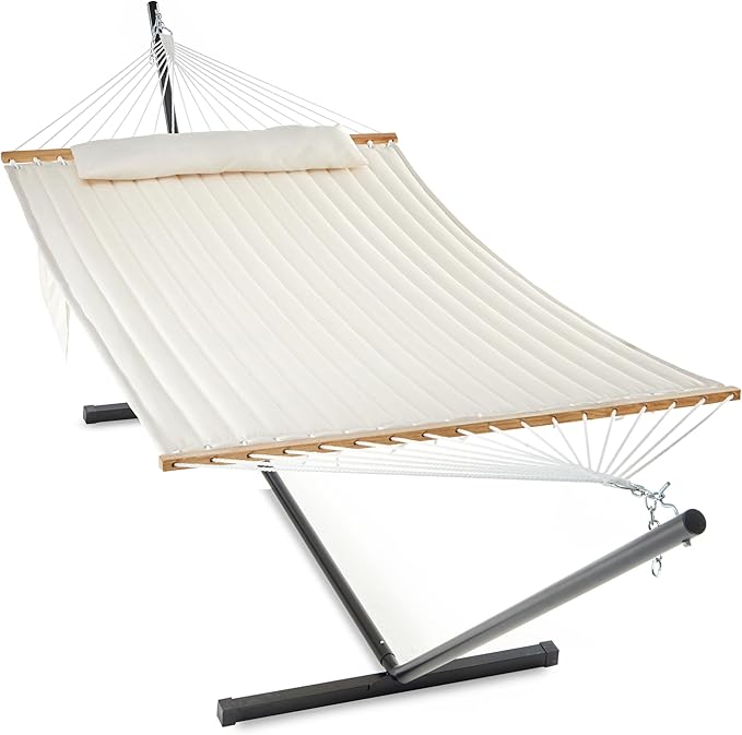 GAFETE 2 Person Hammock with Stand for Outside Heavy Duty Steel Stand Double 55inch Hammocks Large Removable Pillow Storage Bags Max 475 lbs Capacity (Beige)