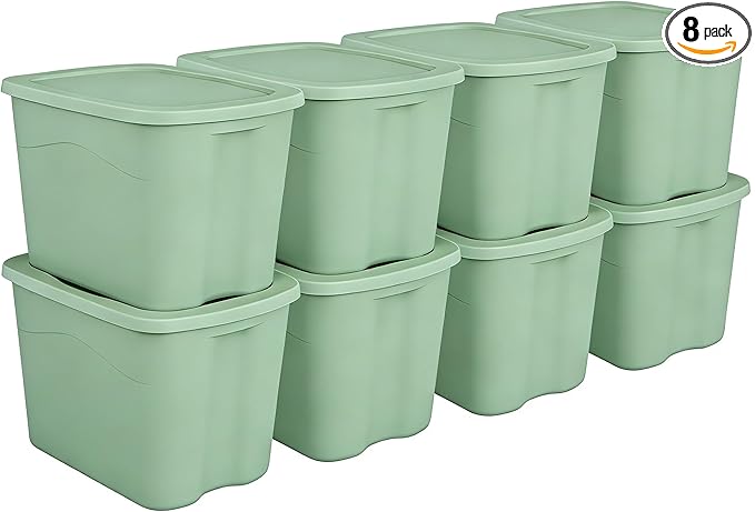 8 Pack 18 Gallon Plastic Storage Bins &amp Totes Stackable with Snap-On Lids for Home Garage Closet Basement Organization Containers (Green)