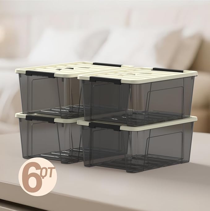 9-pack clear small plastic storage bins with khaki safety lids and black latch locks durable stackable nestable organization containers 6 quarts