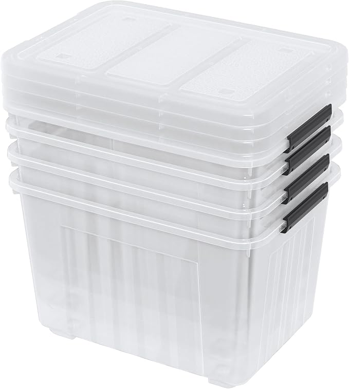 70 L Clear Storage Bin with Wheels Extra Large Plastic Latching Storage Box 4 Pack