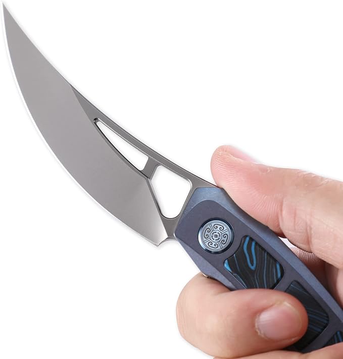 CavolKnife Kamasu Front Flipper Folding Knife3.74 M390 Steel Blade Persian Knife 6AL4V Titanium &amp Gmascus Handle Pocket KnifeTitanium Pocket Clip (Blue-ceramic)
