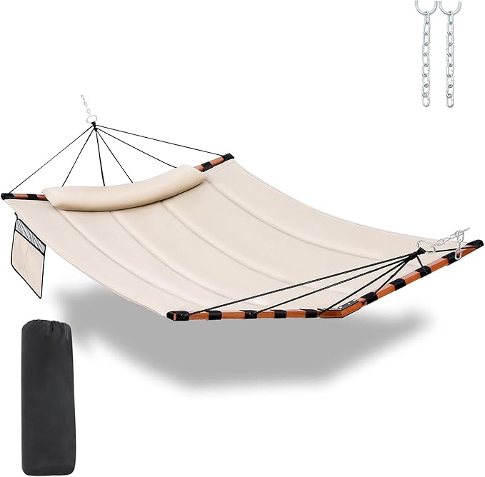 TegerDeger 12FT 2 Person Hammock with V Shaped Hardwood Spreader Bar &amp Nylon Rope for Outside Patio Garden Backyard Beach Poolside 450LB Capacity 55in x 79in - Beige