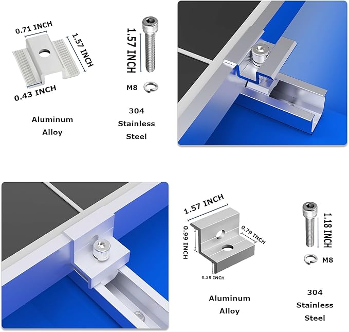 Solar Panel Mounting Brackets Roof Mount Kit Rails and Clamps Included for Thickness 1.18”-1.38”2pcs in A Row Assembly on Tin Flat and Sheet Rooftop Aluminum Alloy
