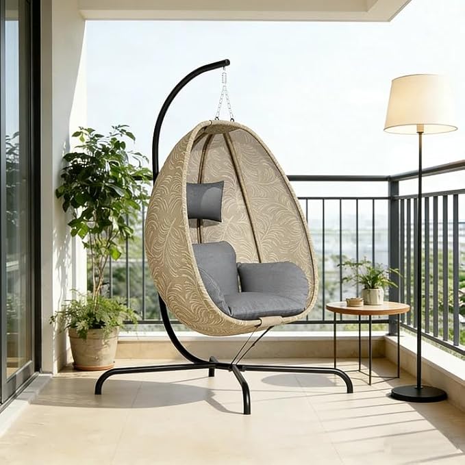 ALAULM Foldable Egg Chair with Stand 485LBS Capacity Textilene Hammock Swing Chair for Outdoor &amp Indoor Hanging Chair with Strong Frame &amp UV Resistant Cushion for Balcony Bedroom Light Gra