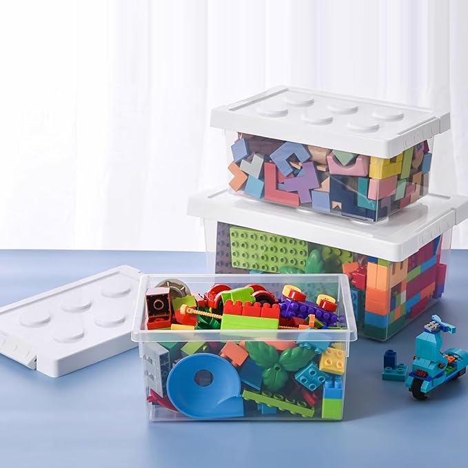 loobuu Plastic Storage Bins with Lids - Stackable Toy Storage Organizer Box Set of 2 Toy Chests with Compatible Building Baseplate and Lid Storage Container for Building Bricks &amp Toys- White