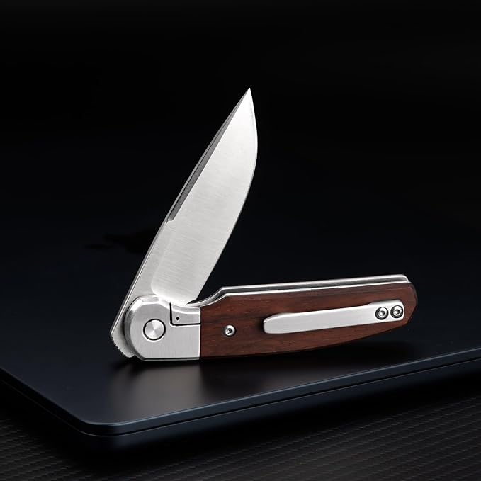 Small EDC Knife 2.8 Pocket Knife D2 Steel Point Blade Wood Handle - flipper Folding Knife for Men Women - Daily Carry Office Camping Hiking
