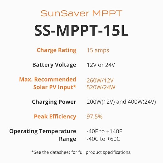 Morningstar SunSaver 15A MPPT Solar Charge Controller SS-MPPT-15L - Solar Panel Regulator Supports 12/24V LA/Li Batteries. Load/Lighting Ctrl HazLoc Rated Low Noise 5 Yr. WTY - Designed in the USA
