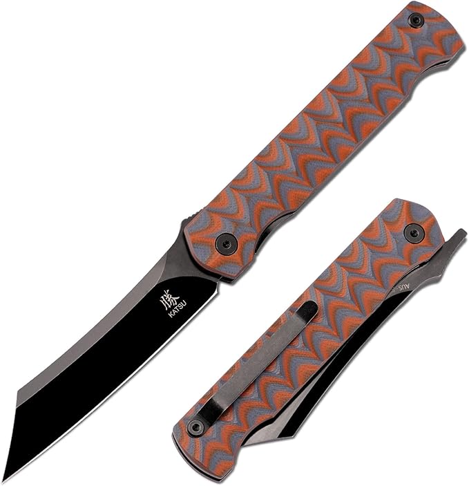 KATSU AUS-8 Steel Blade Folding KnifePocket Knife for Men G10 Handle Liner Lock Japanese Style Front Flipper EDC Knife with Clip Black Titanium Coated/Stonewashed finish