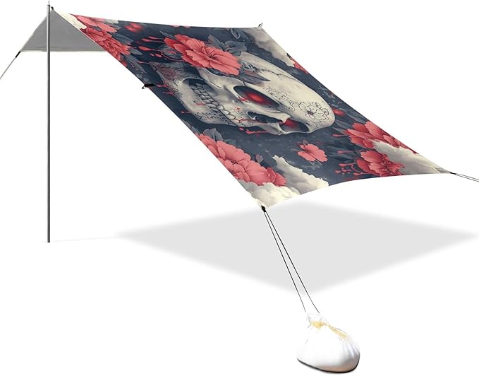 ALAZA Skull Flower Beach Tent Sun Shelter UPF50+ Protection Beach Shade Canopy w/ 4 Sandbags for Outdoor Camping Fishing Backyard Fun Picnic 10x9 ft
