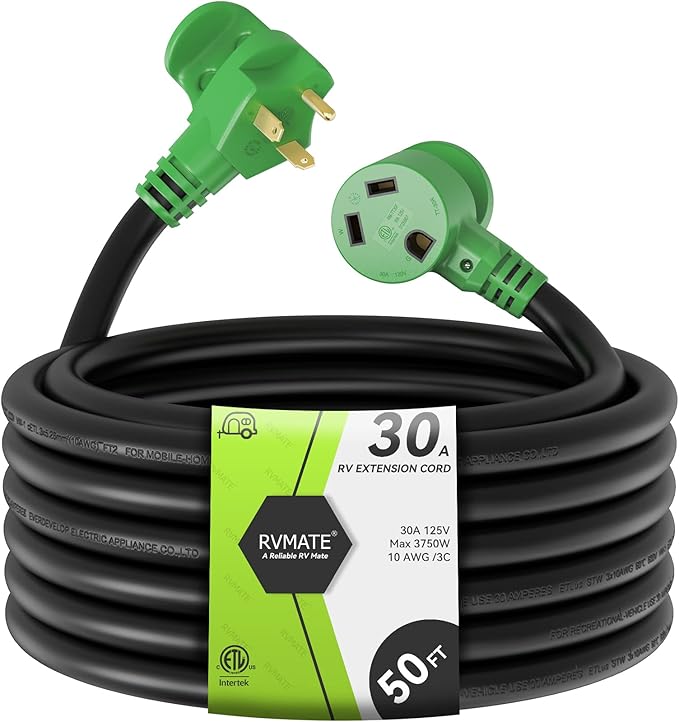 RVMATE 30 Amp 50 Feet RV Power Extension Cord with Easy Plug-in Handle TT-30P to TT-30R LED Indicator 10 AWG ETL Listed
