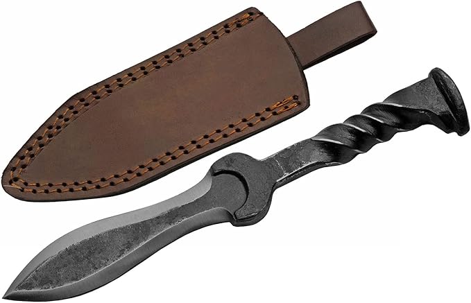 9.5 Hand Forged Carbon Steel Railroad Spike Medieval Twisted Handle Dagger with Sheath Gray