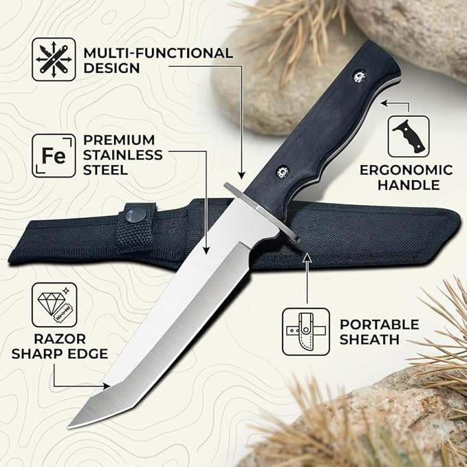 12.7 Fixed Blade Survival Knife with Sheath - High Hardness Quenched Stainless Steel Outdoor Knife - Classic Solid Wood Handle Spine - Professional Utility Tool for Camping Hunting &amp Bushcraft